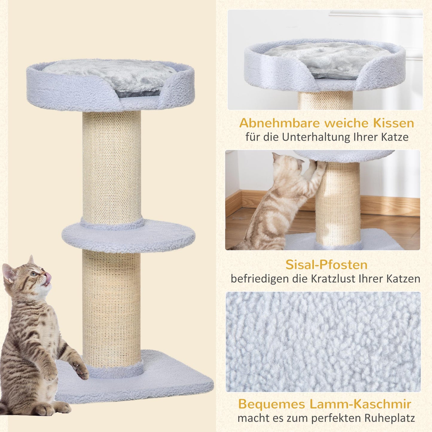 PawHut Kratzbaum 91 cm Katzenturm mit Sisalstämme, Plattform, Kissen mehrstöckiger Katzenkratzbaum, Kletterbaum, für mittelgroße Katzen, Hellblau