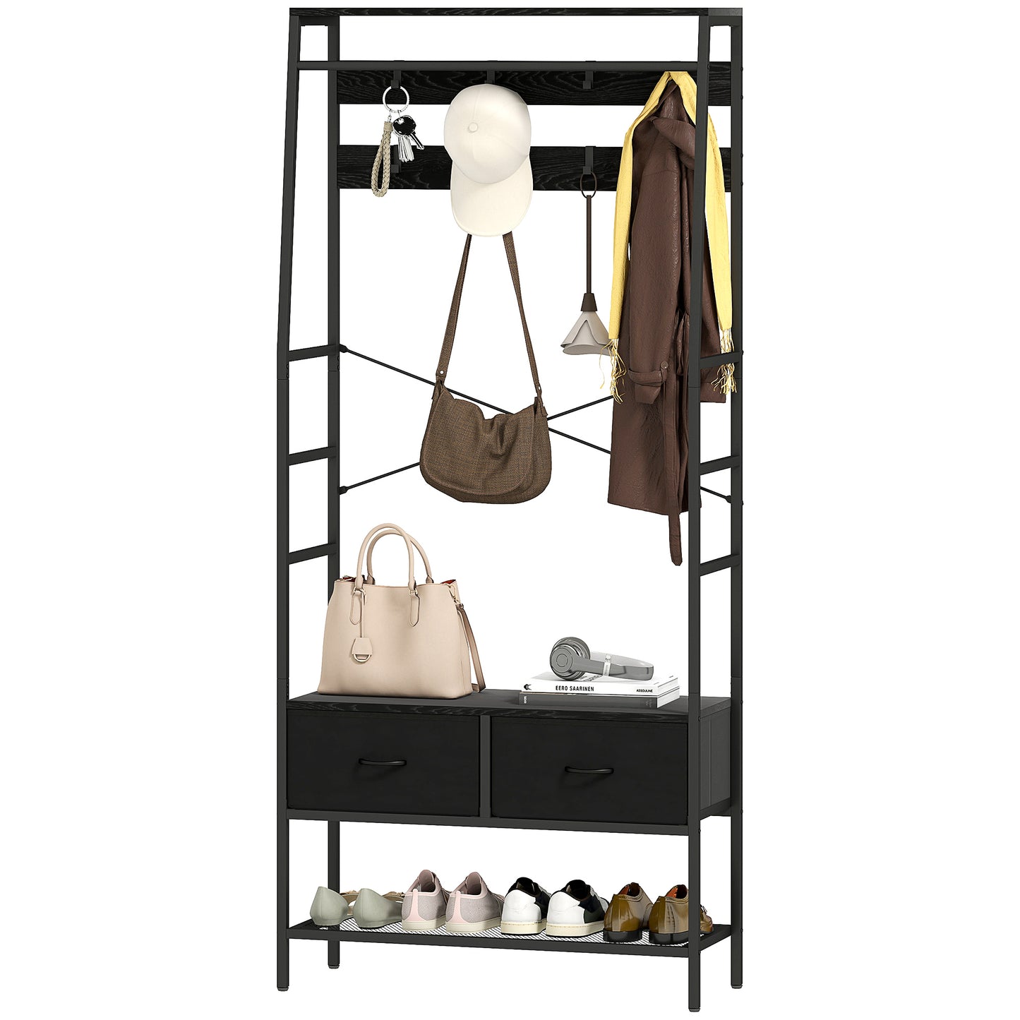 HOMCOM Garderobenständer mit Schuhregal, Kleiderständer im Industrie-Design, 2 Stoffschubladen, 8 Haken, Metallrahmen, Schwarz
