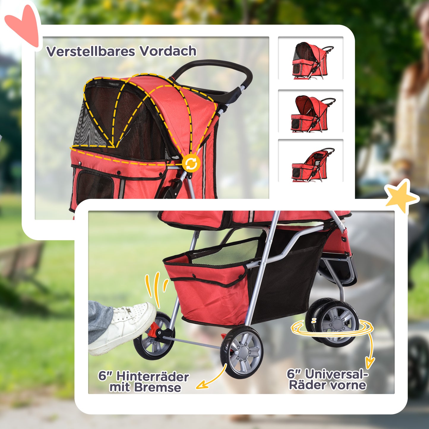 PawHut Hundewagen Hundebuggy bis 10 kg Klappbar Bodenkorb 2 Becherhalter verstellbares Vordach Rot