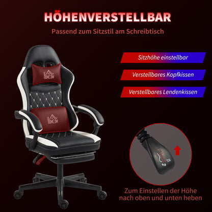 HOMCOM Gaming-Stuhl mit Fußstütze, Computerstuhl mit Kopfstütze & Kissen, Kunstleder-Bezug, drehbar, höhenverstellbar, Metall, Kunststoff, Schwarz+Weiß