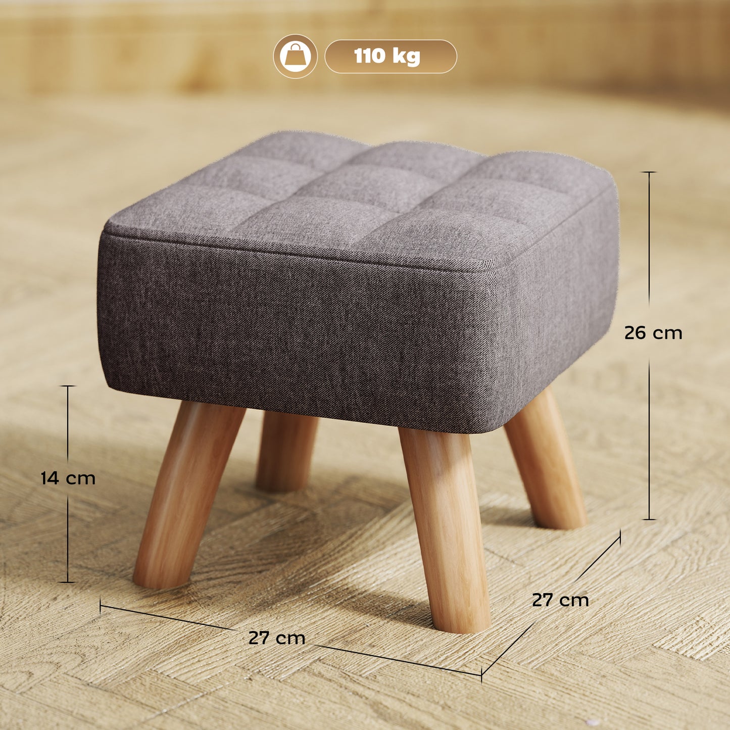 HOMCOM Fußhocker mit Polsterung, Leinenoptik, Holzbeine, bis 110 kg belastbar, Grau