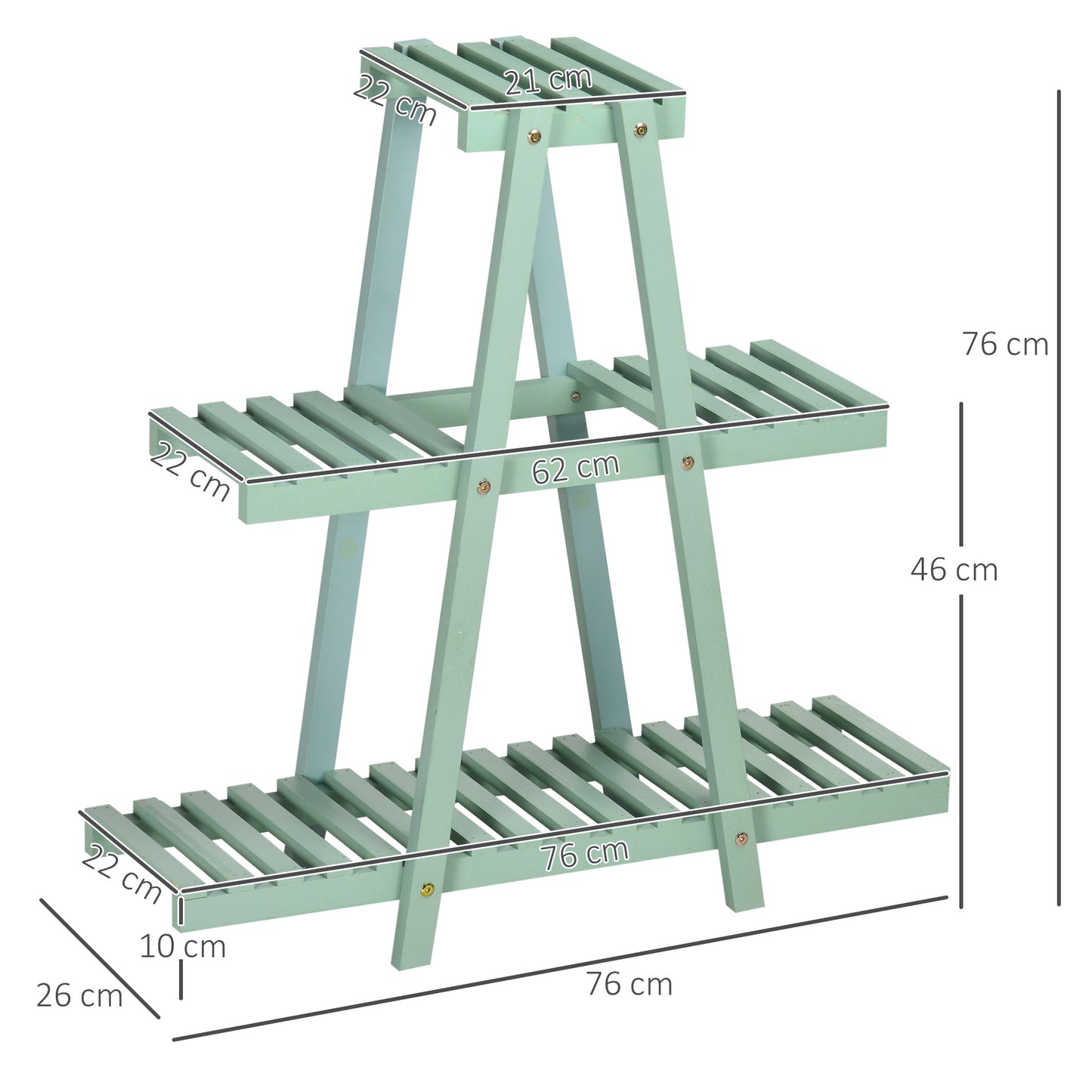 Outsunny Pflanzenregal mit 3 Ebenen, für 6 Blumentöpfen, wetterbeständig, 76 cm x 26 cm x 76 cm, Hellgrün