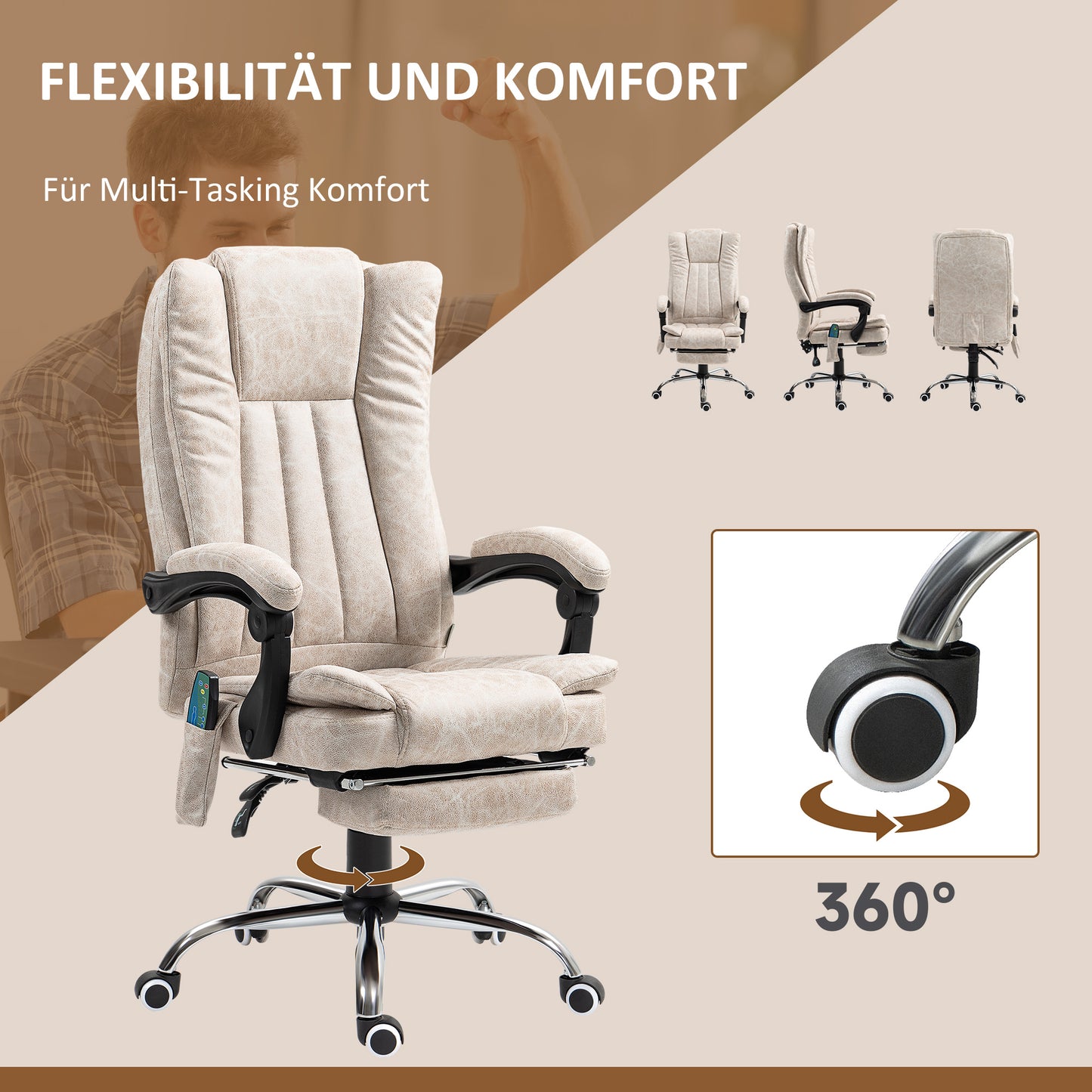 Vinsetto Bürostuhl mit Massagefunktion, Ergonomischer Schreibtischstuhl mit Liegefunktion, Heizfunktion, Seitentasche, Cremeweiß