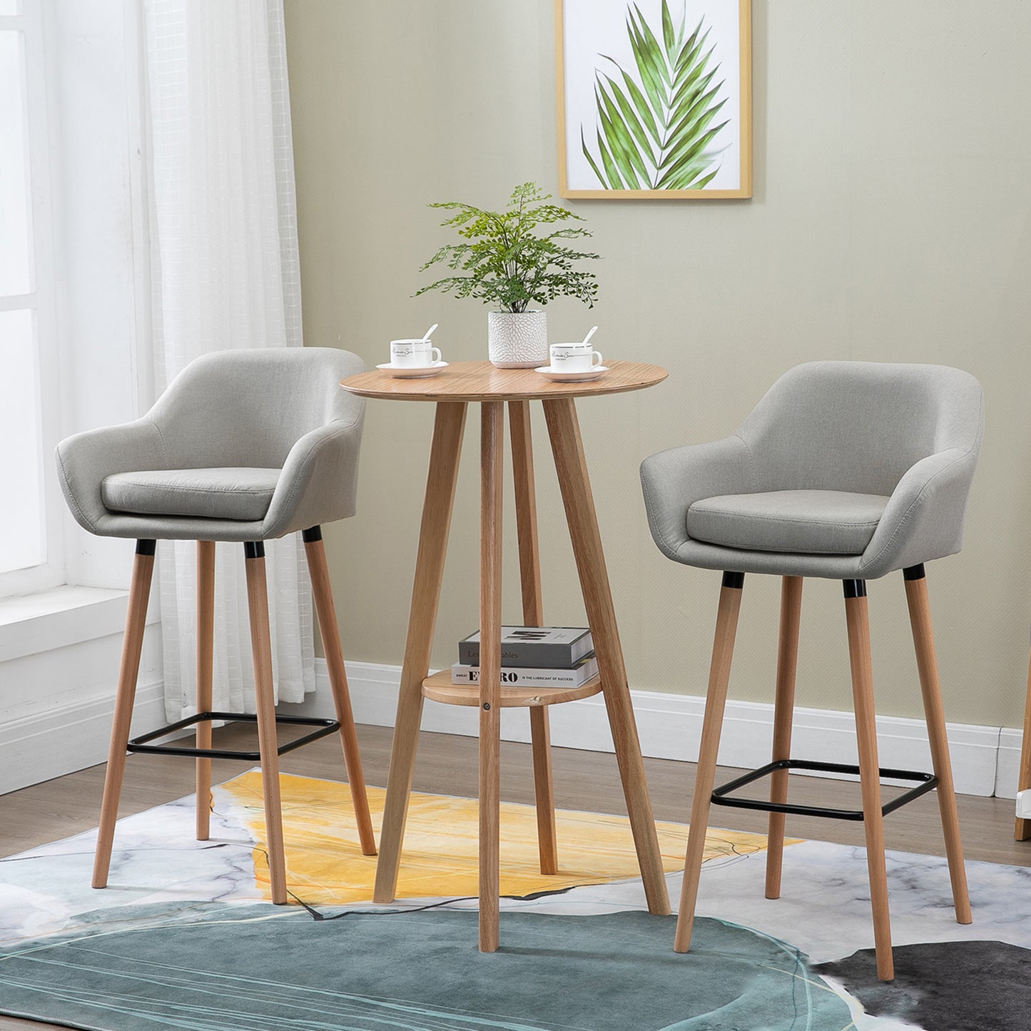 HOMCOM 2er-Set Barhocker, inkl. Fußstütze, Massivholz, 55 cm x 48c m x 100 cm, Beige