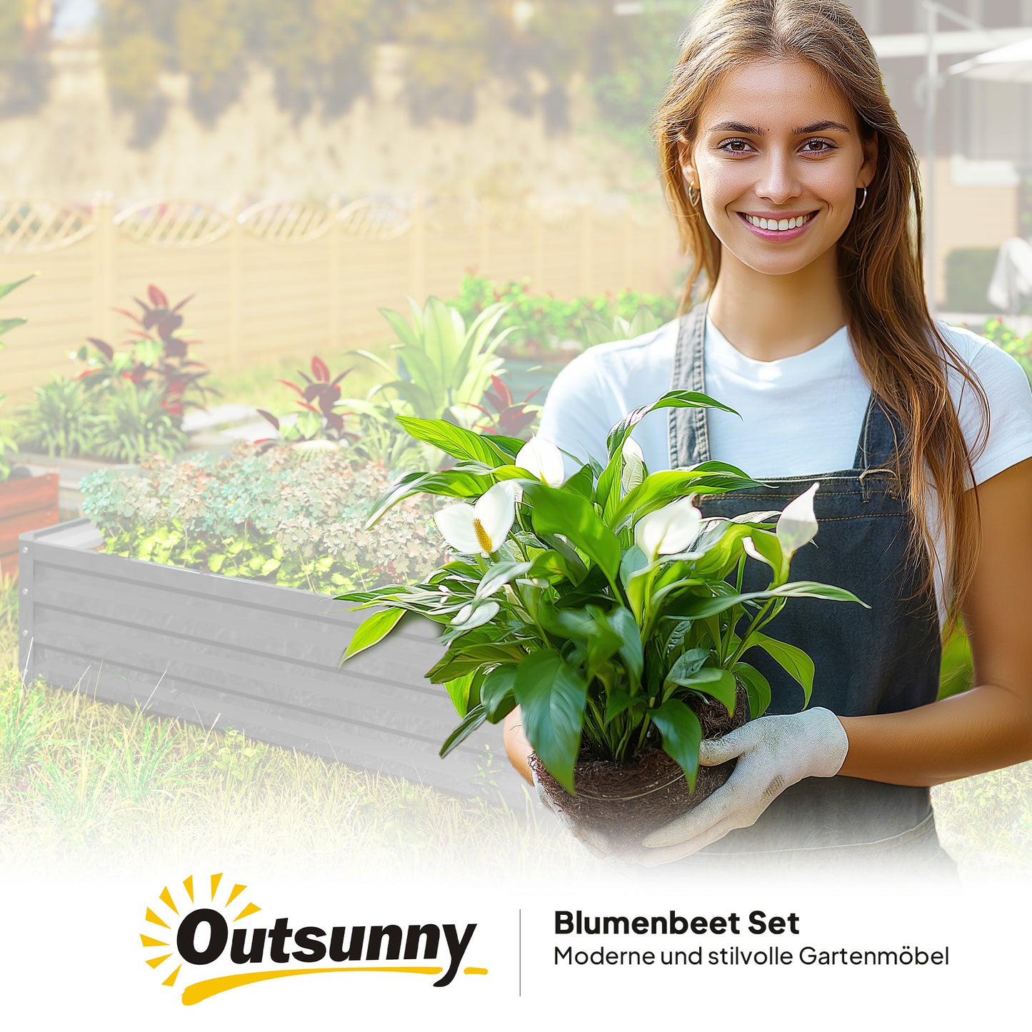 Outsunny Gartenbeet, Pflanzkasten mit Stahlgehäuse, Hellgrau, 120 x 120 x 30 cm