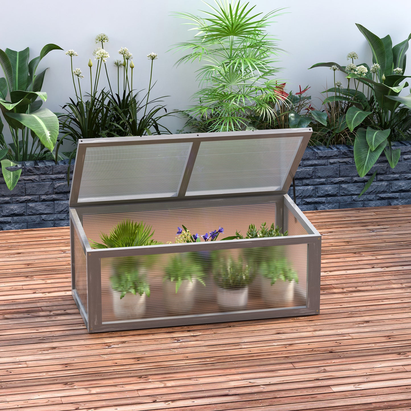 Outsunny Frühbeet Holz und Polycarbonat Treibhaus 90 x 46 x 40 cm Gewächshaus mit Abdeckung wetterfest Frühbeetkasten für Garten Pflanzenbeet Grau