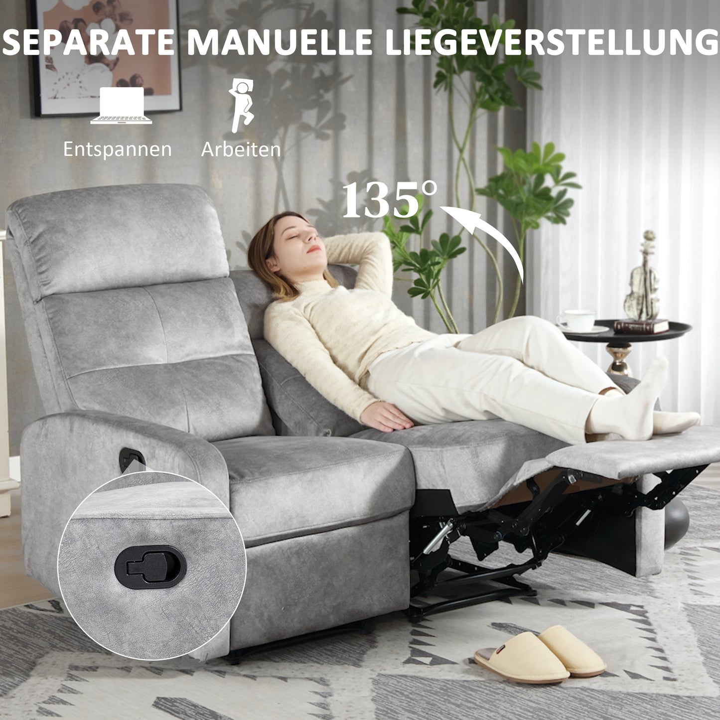 HOMCOM Doppelsitz-Sessel, Relaxsessel mit verstellbarer Doppellehne und Fußablage, für Wohnzimmer, Stoffbezug, Grau