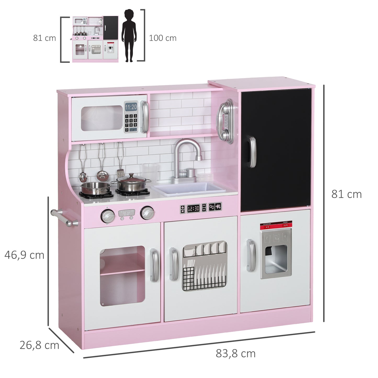 AIYAPLAY Spielküchen-Set mit Töpfen, Tafel, Telefon, Eismaschine, Herd, 83,8 x 26,8 x 81 cm, Pink