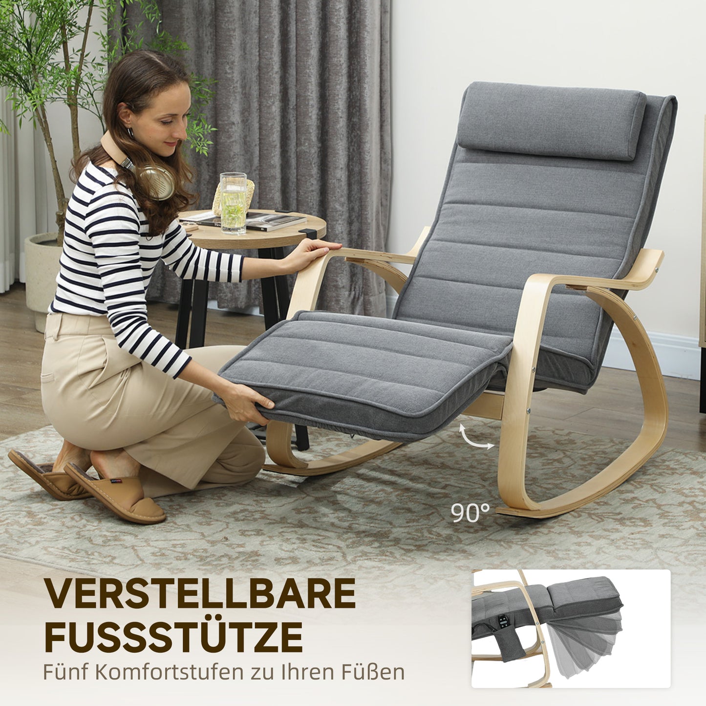 HOMCOM Schaukelstuhl mit Massage-Funktion, Lendenheizung, 3 Modi, Stoffbezug, Grau
