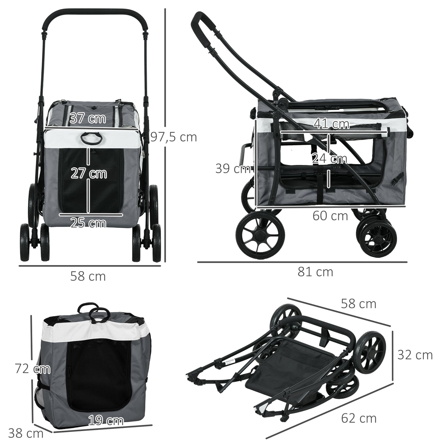 PawHut Hundbuggy Haustierbuggy bis 10kg klappbar abnehmbarer Korb 81 x 58 x 97,5 cm Schwarz + Grau + Weiß