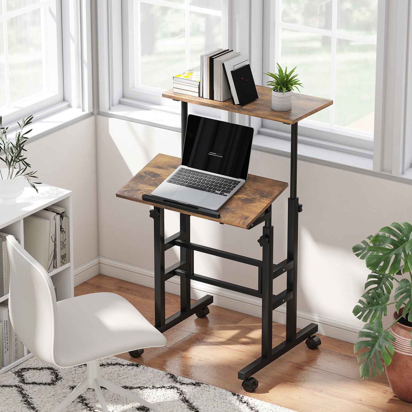 HOMCOM chreibtisch Höhenverstellbar Küchentisch mit Regal, Rollen, Computertisch Rustikal Braun 60 x 60 x 70,5-120 cm