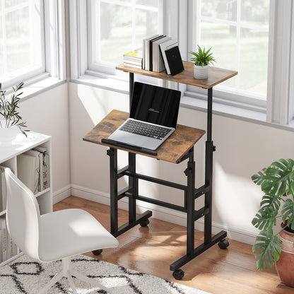 HOMCOM chreibtisch Höhenverstellbar Küchentisch mit Regal, Rollen, Computertisch Rustikal Braun 60 x 60 x 70,5-120 cm