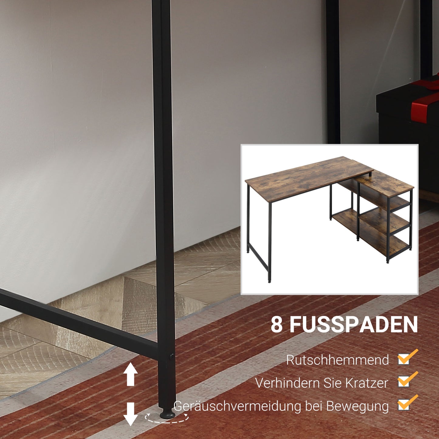 HOMCOM Eckschreibtisch Winkelschreibtisch PC-Tisch Computertisch Bürotisch Regal Schublade L-Form Spanplatte Metall Rustikales Braun 135 x 90 x 79 cm