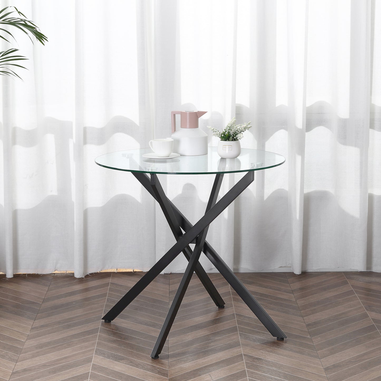 HOMCOM Moderner Glas-Esstisch, 80 cm Durchmesser, Küchentisch mit gehärteter Glasplatte und Metallbeinen, für 4 Personen