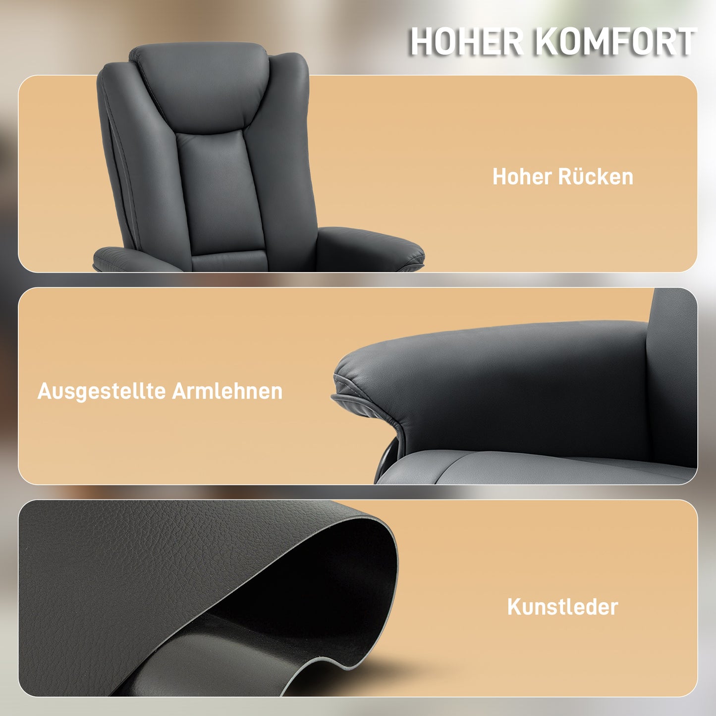 HOMCOM Relaxsessel mit Liegefunktion, drehbar, bis 150 kg, Kunstlederbezug, Stahlrahmen, Dunkelgrau