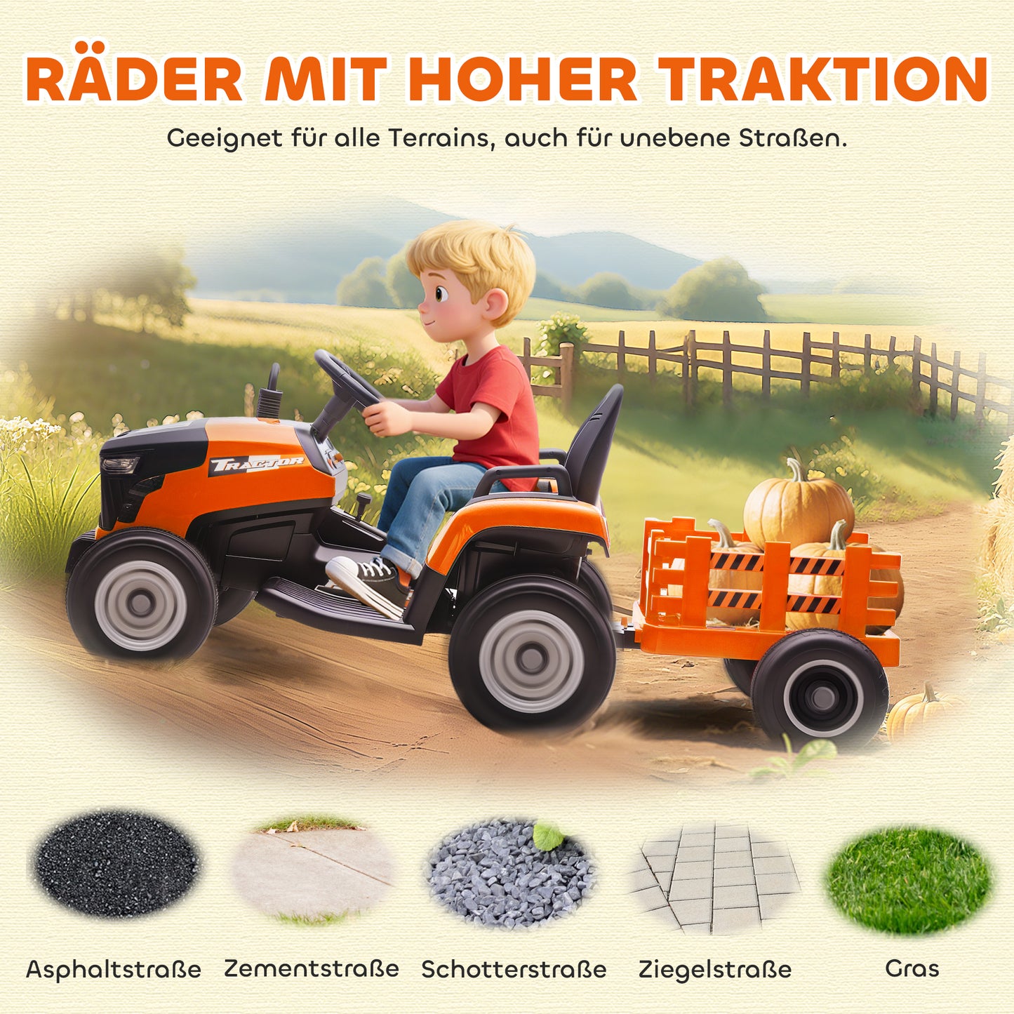 AIYAPLAY Elektrischer Kindertraktor, Aufsitz-Traktor mit Fernbedienung, Soft-Start, für Kinder im Alter von 3-8 Jahren, Orange