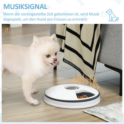 PawHut Futterautomat Katze Nassfutter Katzenfutter mit LED-Display, Programmierbarem Timer, 6 Futter-Fächer für je 70 g Trockenfutter 4 Mahlzeiten Automatischer Futterspender für Hunde Katzen