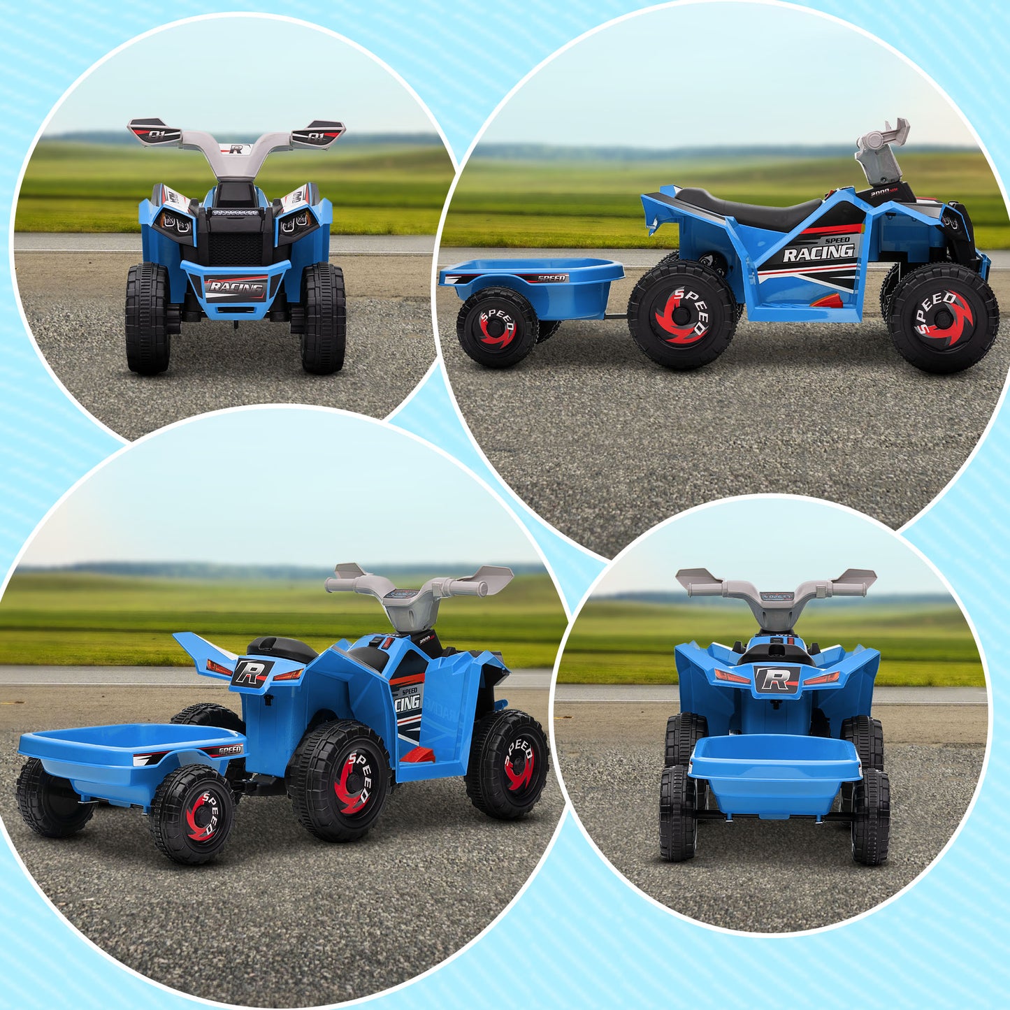 HOMCOM Kinderquad, aufladbar, 2,5 km/h, mit Anhänger, 50 Min. Fahrzeit, für Kinder 1,5 bis 3 Jahre, Blau
