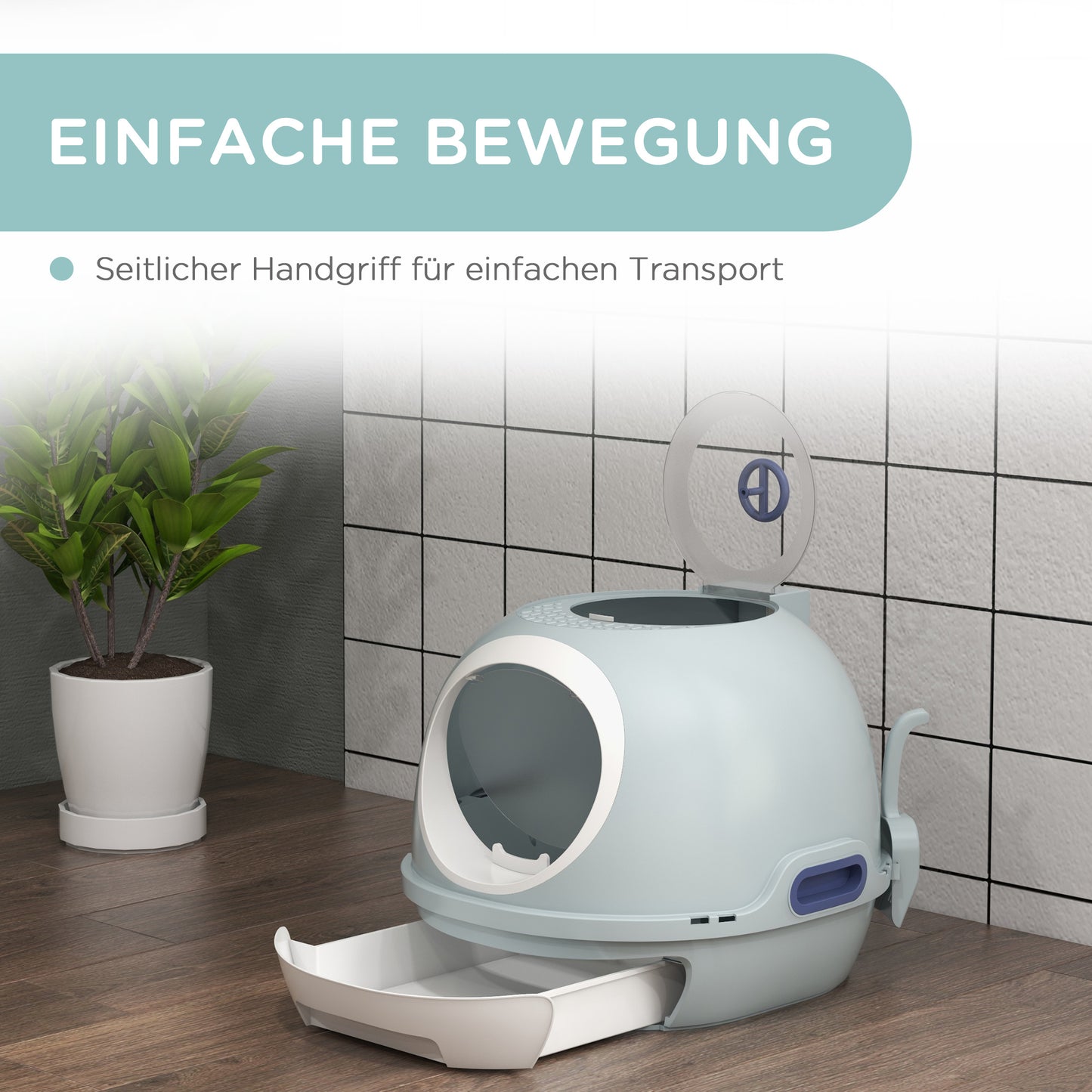 PawHut Katzentoilette mit Dachfenster, Katzenklo mit Bodenschale, mit Schaufel, Tragbar, PP ABS, See-Blau, 47 x 55 x 44 cm