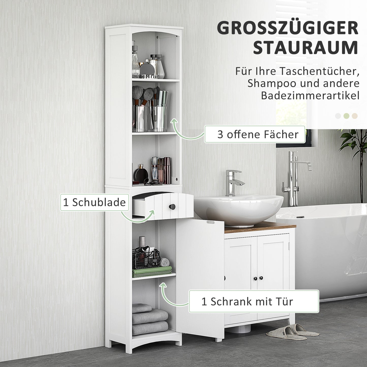 HOMCOM Badezimmerschrank mit 3 Regalen, 1 Schublade, robust, MDF, Weiß