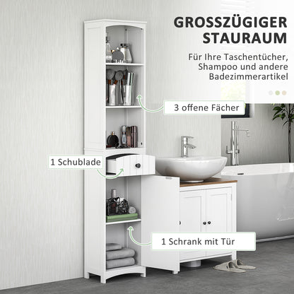 HOMCOM Badezimmerschrank mit 3 Regalen, 1 Schublade, robust, MDF, Weiß