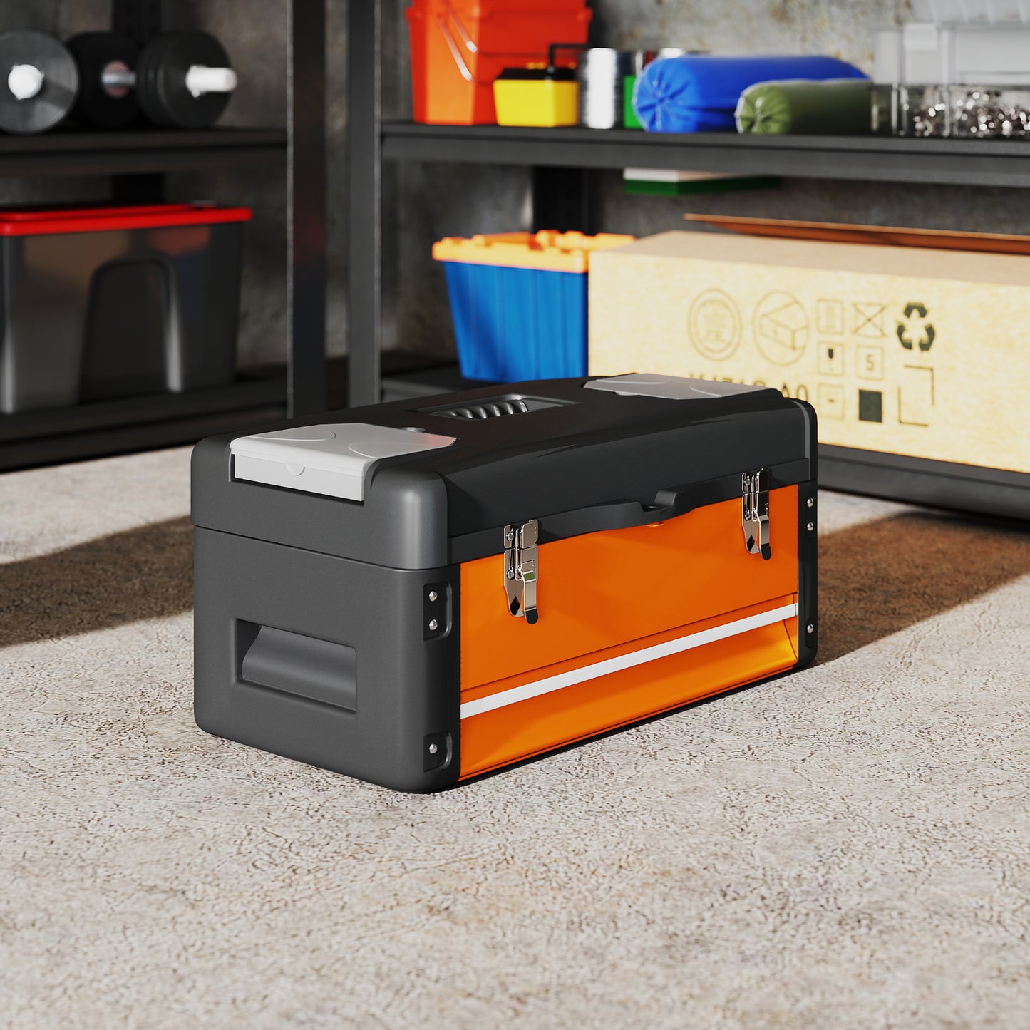 HOMCOM Werkzeugkiste leer, 49,7 x 25,3 x 23 cm Werkzeugkasten mit Schublade, Mini-Box Stahl Orange