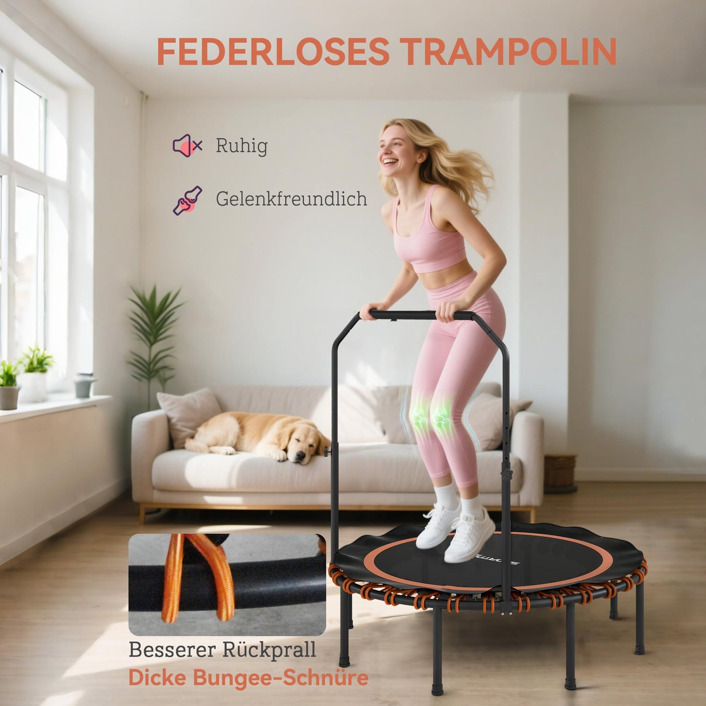 SPORTNOW Fitness-Trampolin mit verstellbarem Handlauf, Sport-Trampolin für drinnen und draußen, Stahl, Kunststoff, Orange