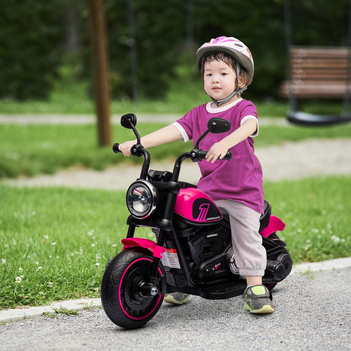 HOMCOM Elektro-Kindermotorrad mit Stützrädern, Scheinwerfer, 1,5 bis 3 km/h, für Kinder 1,5 bis 3 Jahren, pink