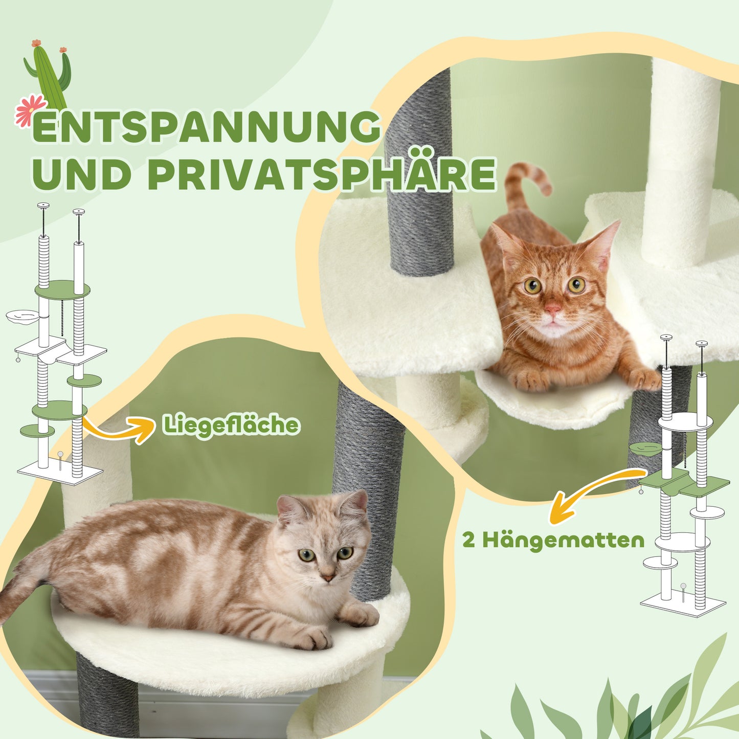 PawHut Kratzbaum, deckenhoch, verstellbar 225-255 cm, Plattformen & Hängematten, Kippschutz, Weiß