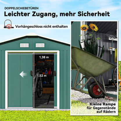 Outsunny Geräteschuppen, Wetterfestes Gartenhaus für Gartengeräte, mit Belüftungsfenstern, Schiebetüren, Stahl, Dunkelgrün