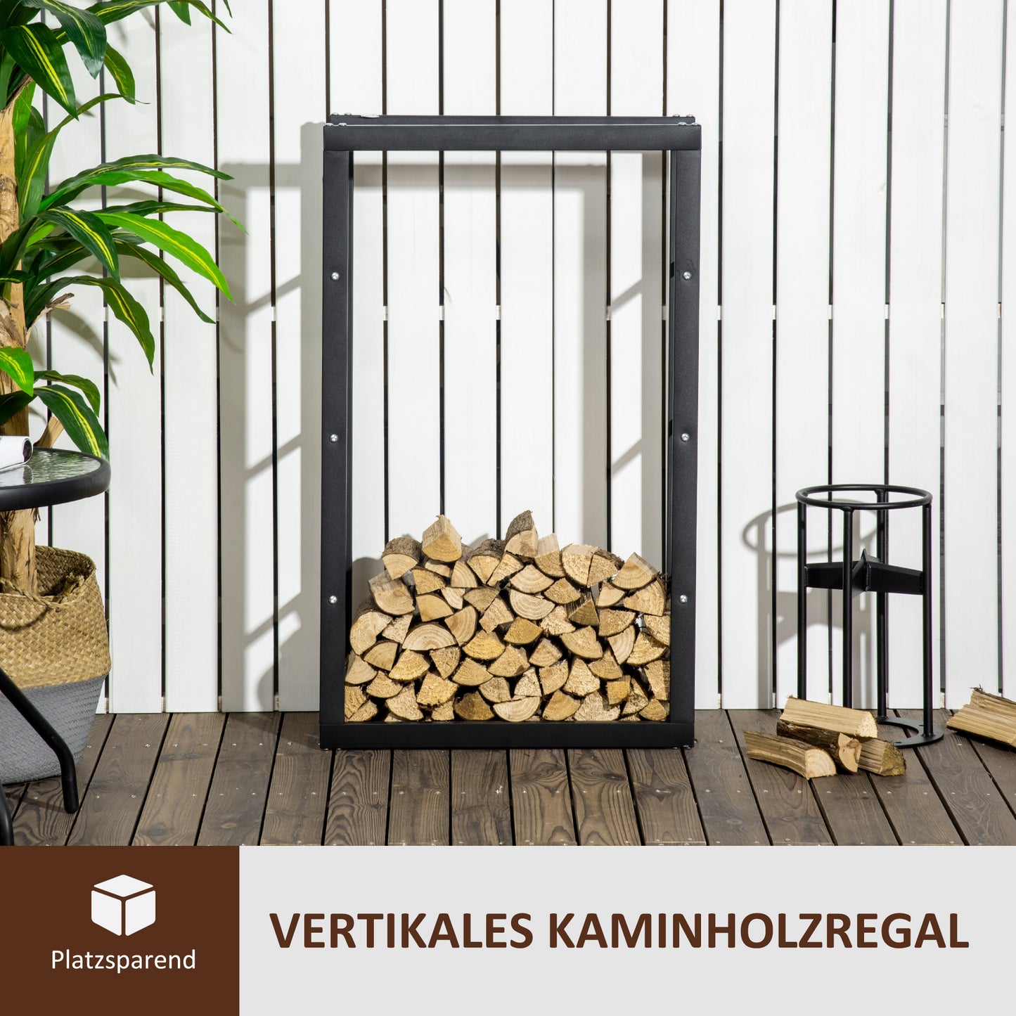 HOMCOM Kaminholzregal Metall 60 x 25 x 100 cm Brennholzregal Stapelhilfe Stahlrahmen bis 100kg Kaminholzunterstand Outdoor Holzregal Feuerholzregal für Garten Terrasse Außen Schwarz