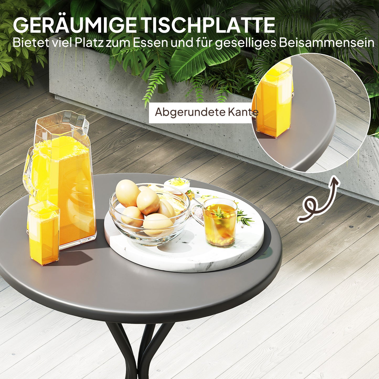 Outsunny Gartentisch Ø60 x 70 cm, Wetterfest Balkontisch aus Stahl, Runder Esstisch mit Fußpolster Schwarz