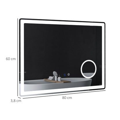 kleankin LED Badezimmerspiegel mit 3x Vergrößerung, Touch-Funktion, Memory-Funktion, kein Beschlagen, 80 x 60 cm