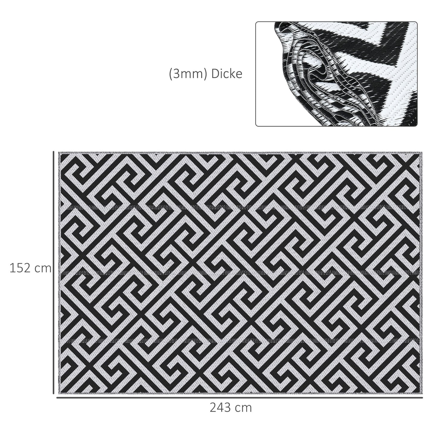 Outsunny Outdoor-Teppich, beidseitig nutzbar, strapazierfähig, Rand gegen Ausfransen, schwarz+weiß, 152 x 243 cm