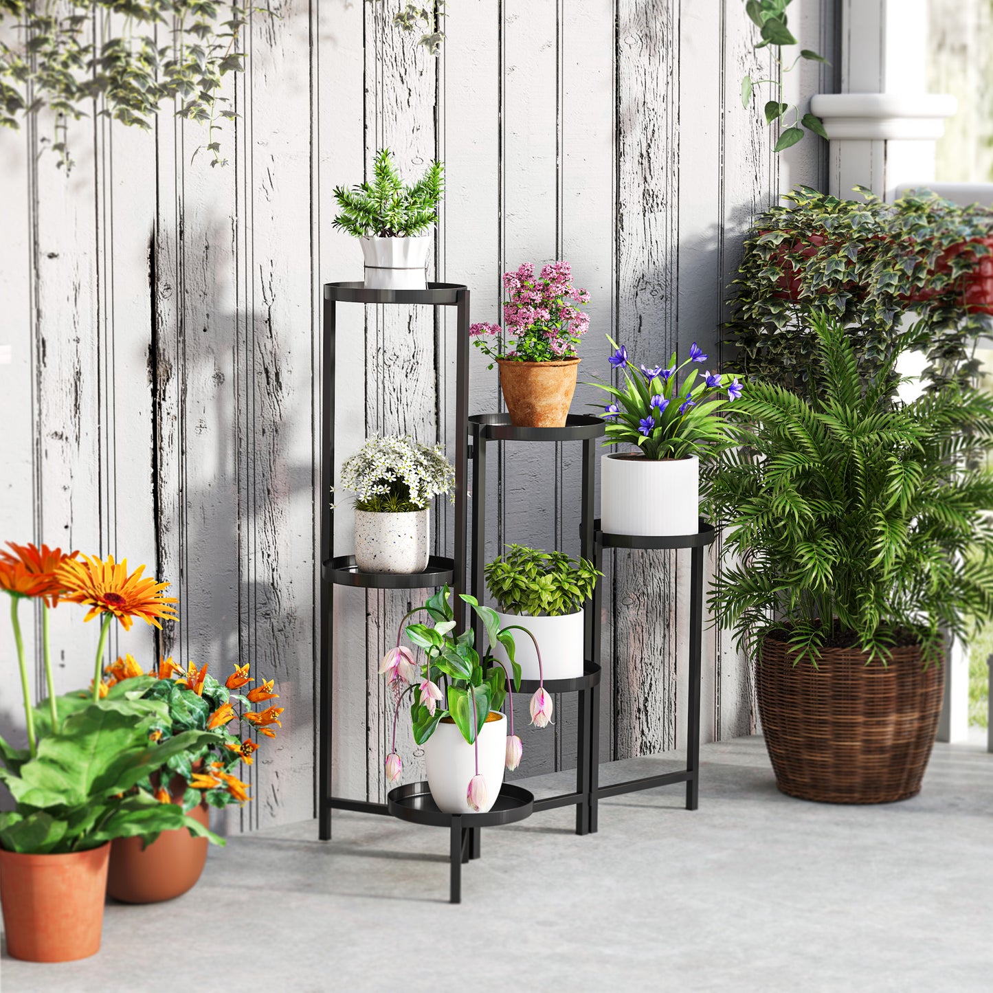 Outsunny Blumentopfständer, Pflanzenständer mit 6 verstellbaren runden Ebenen, Eckständer für Pflanzentöpfe, Metall, Schwarz