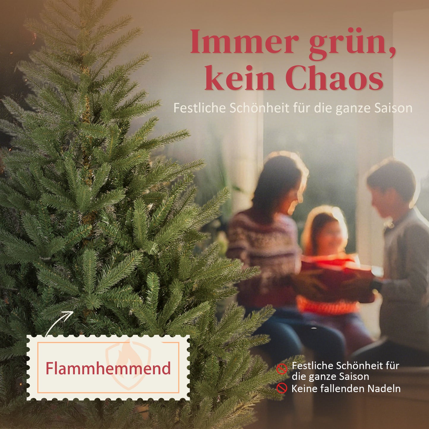 HOMCOM Künstlicher Weihnachtsbaum, 180 cm, dichte Zweige, realistisches Aussehen, flammenhemmend, Kunststoff, Metall, Grün