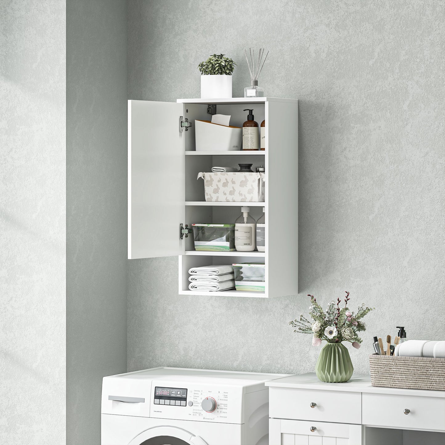 HOMCOM Wandmontierter Badezimmerschrank, Wandschrank für Badezimmer mit verstellbaren Ablagen, offenem Fach, Holz, Weiß