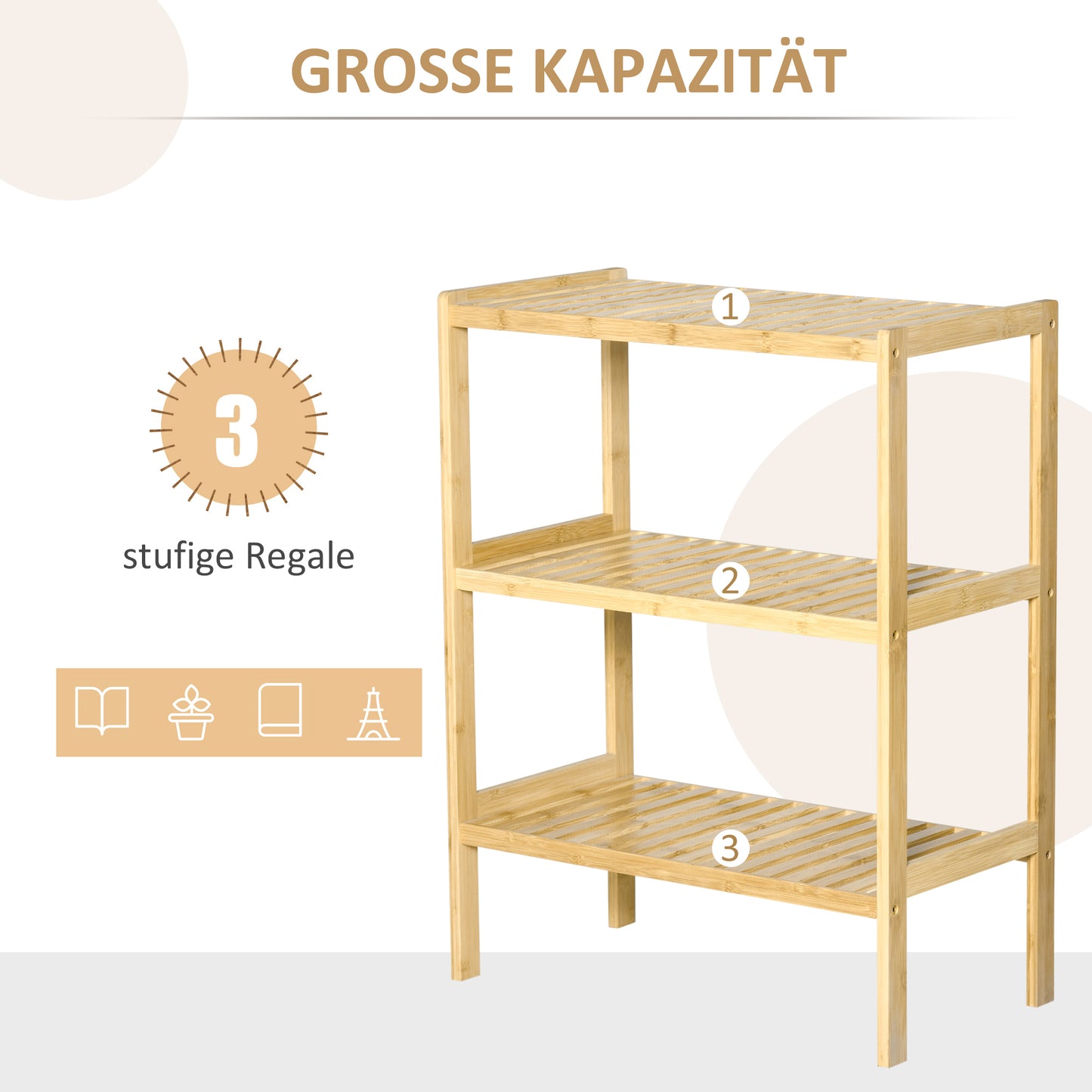 HOMCOM Regal Bambusregal 3 Regalböden، بامبوس 62 سم ​​× 33 سم × 80 سم، طبيعي