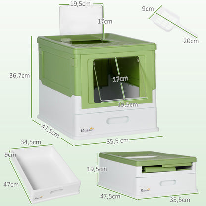 PawHut Katzentoilette, klappbar, 2 Türen, Streuschaufel, 47,5x35,5x36,7cm, Weiß/Grün