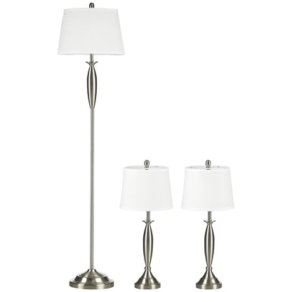 HOMCOM 3-teiliges Leuchten-Set. 1 Stehleuchte, 2 Tischleuchten, Leinenoptik; 38 cm x 38 cm x 158 cm, Silber + Weiß