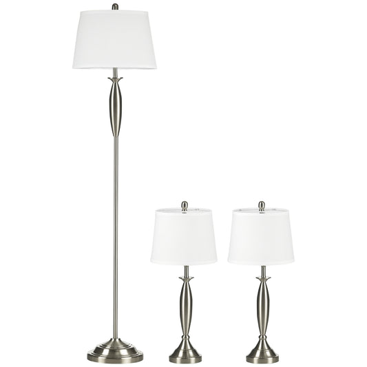 HOMCOM 3-teiliges Leuchten-Set. 1 Stehleuchte, 2 Tischleuchten, Leinenoptik; 38 cm x 38 cm x 158 cm, Silber + Weiß