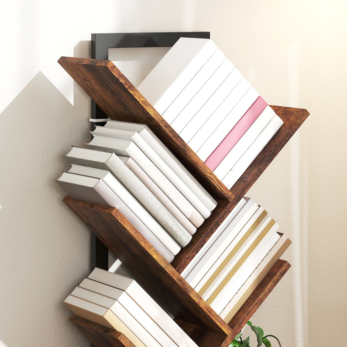 HOMCOM Bücherregal Standregal mit 7 Ebenen Schmal Regal im Baumform für Büro, Rustikal Braun