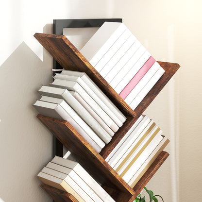 HOMCOM Bücherregal Standregal mit 7 Ebenen Schmal Regal im Baumform für Büro, Rustikal Braun