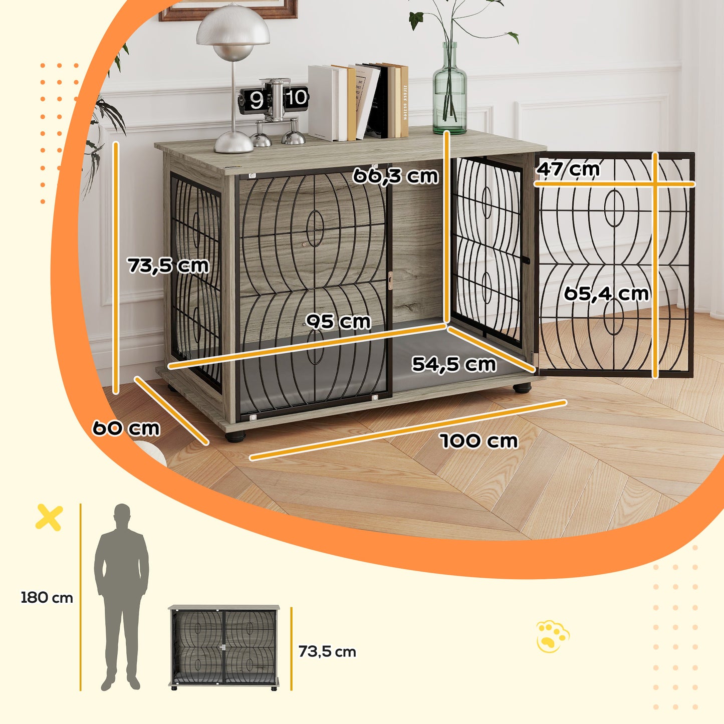 PawHut Hundebox, Hundekiste, Verschließbare Aufenthaltsbox für große Hunde, Grau