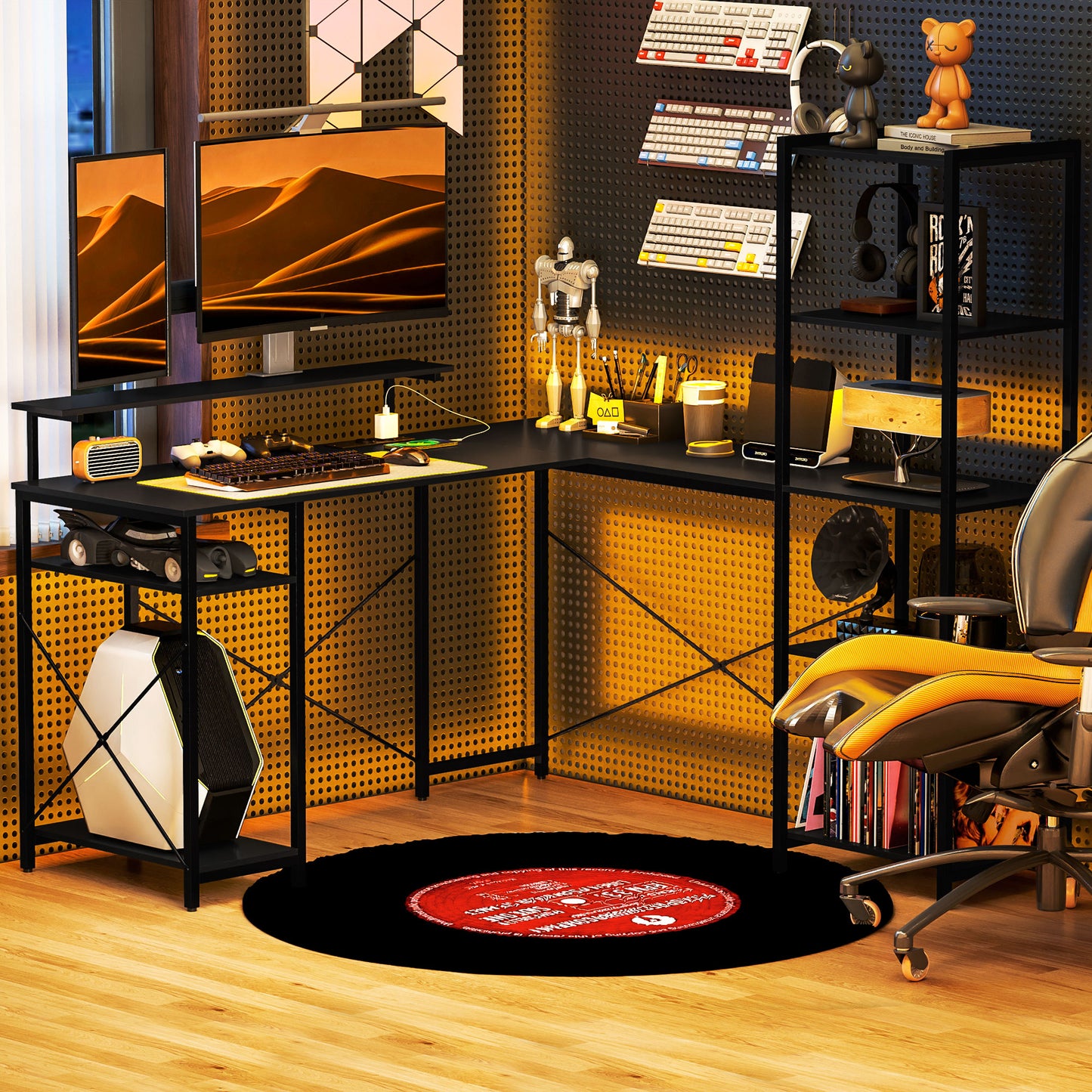 HOMCOM L-förmiger Schreibtisch mit Ladestation, Eck-Computertisch mit Monitorständer und Regalen, für Homeoffice, Büro, Schwarz