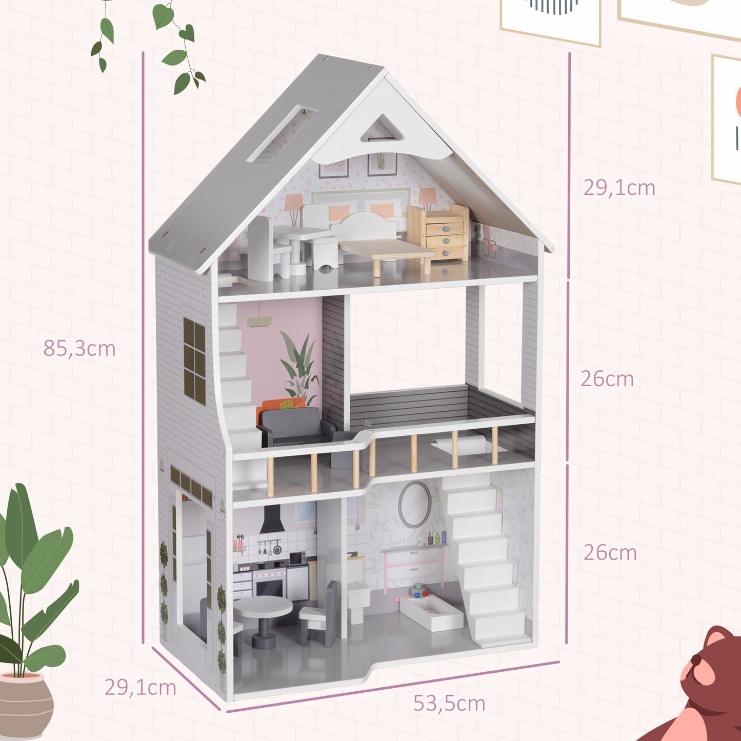 AIYAPLAY Puppenhaus aus Holz mit 13 Möbelstücken und Zubehör, 3-stöckiges Spielhaus für Kinder im Alter von 3-6 Jahren