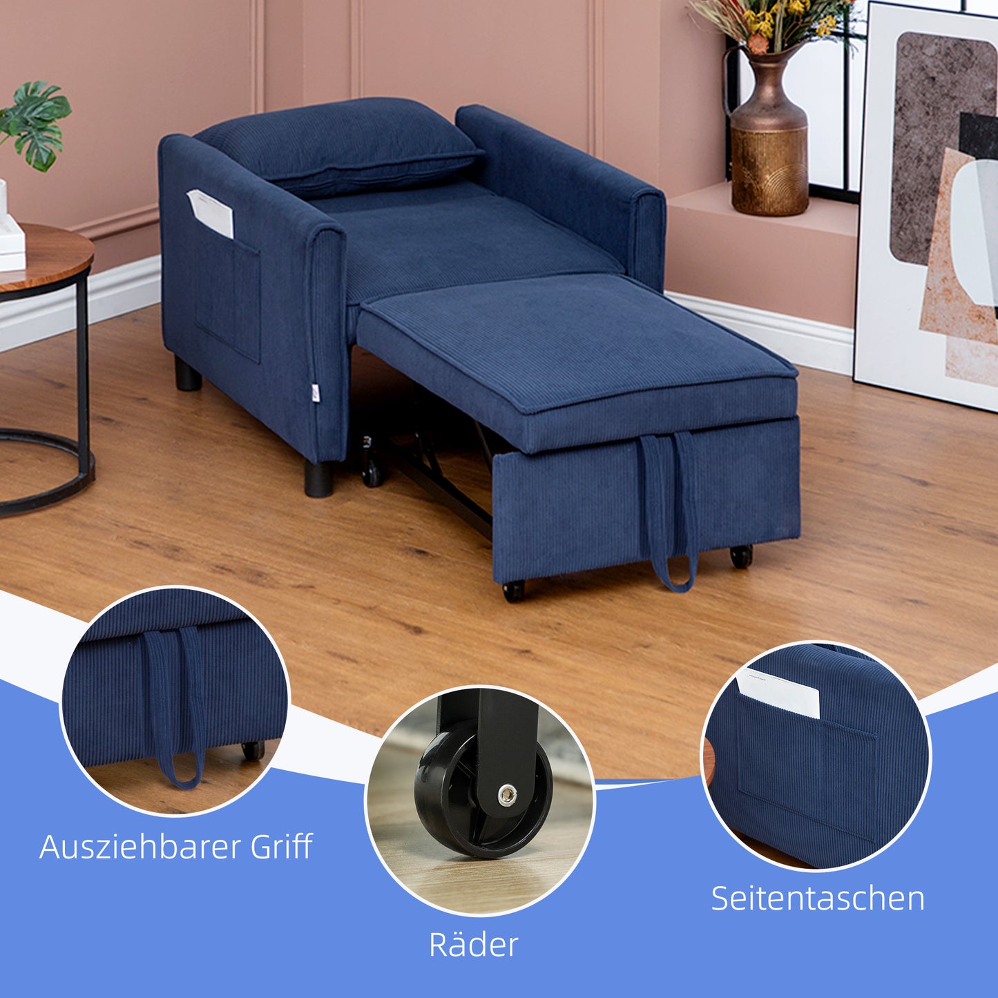 HOMCOM Schlafsessel, verstellbar, 3 Positionen, Cordbezug, bis 120 kg, Blau