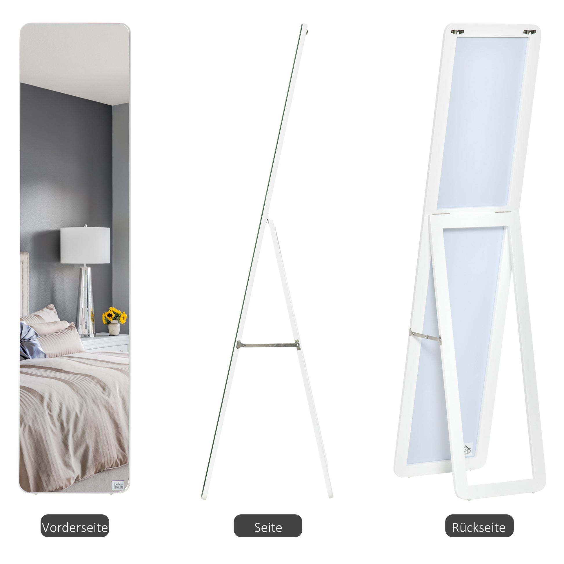 HOMCOM Standspiegel Ganzkörperspiegel mit klappbaren Rahmen Schminkspiegel frei stehend oder an der Wand montiert stabil für Wohnzimmer oder Ankleidezimmer Kiefernholz MDF Weiß 37 x 43 x 156 cm