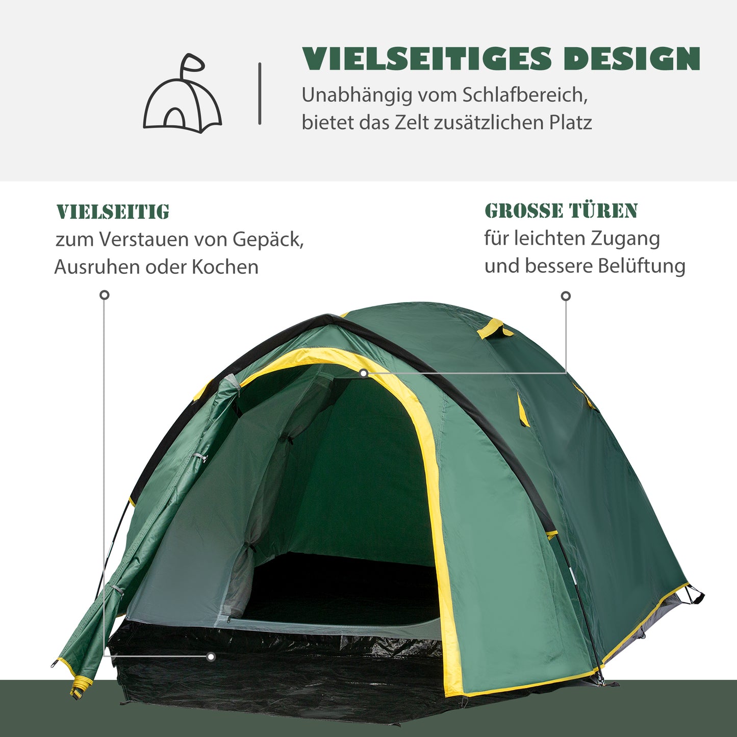 Outsunny Zelt für 2 Personen 190T Campingzelt mit Heringen Kuppelzelt Glasfaser Polyester Grün+Gelb 325 x 183 x 130 cm