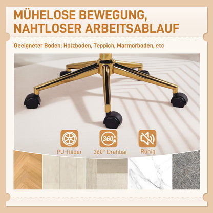 HOMCOM Rollbarer Schreibtischstuhl mit Bezug in Samtoptik, höhenverstellbarer Bürostuhl, Kippfunktion, Cremeweiß
